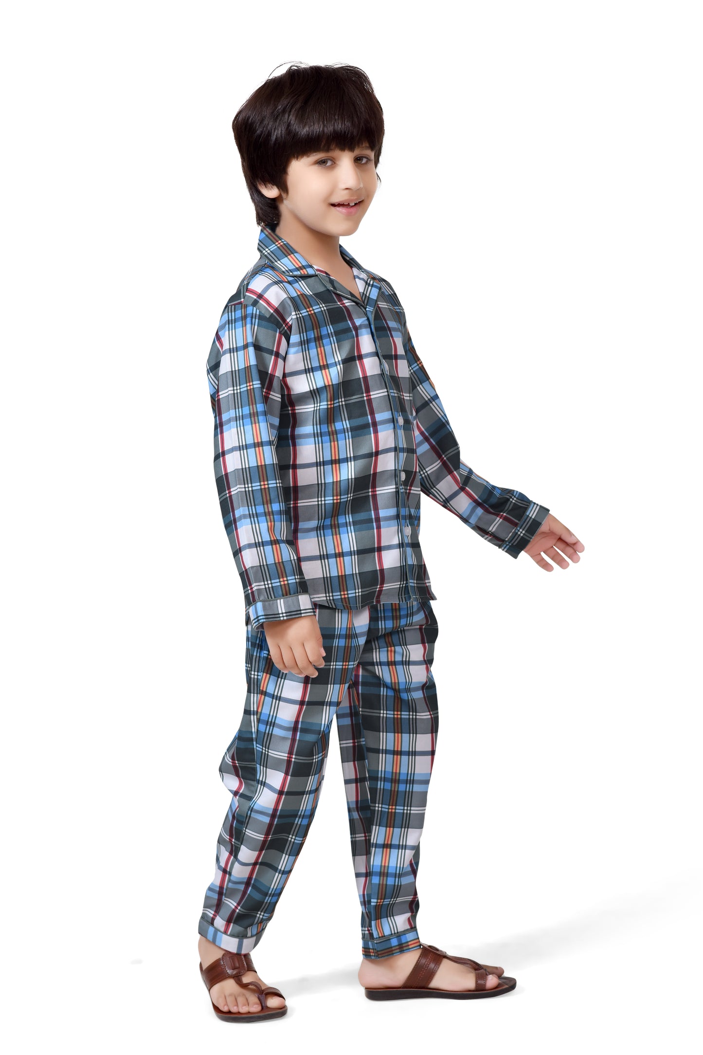 Blue and Grey Checks Printed Stylish Boys Night Dress - Side View