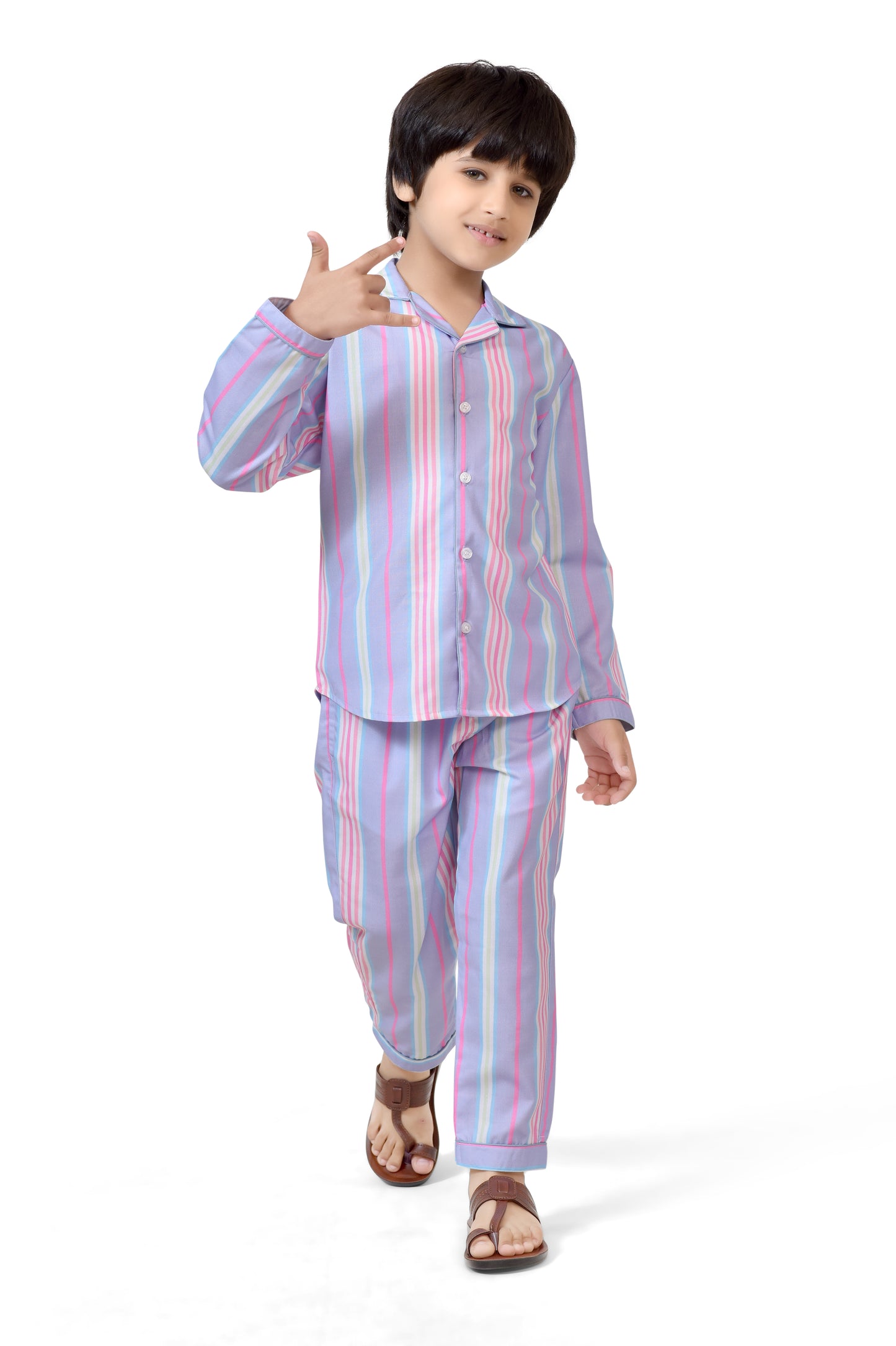 Buy Stylish Pastel Striped Boys Cotton Night Suit Set Online - Club96