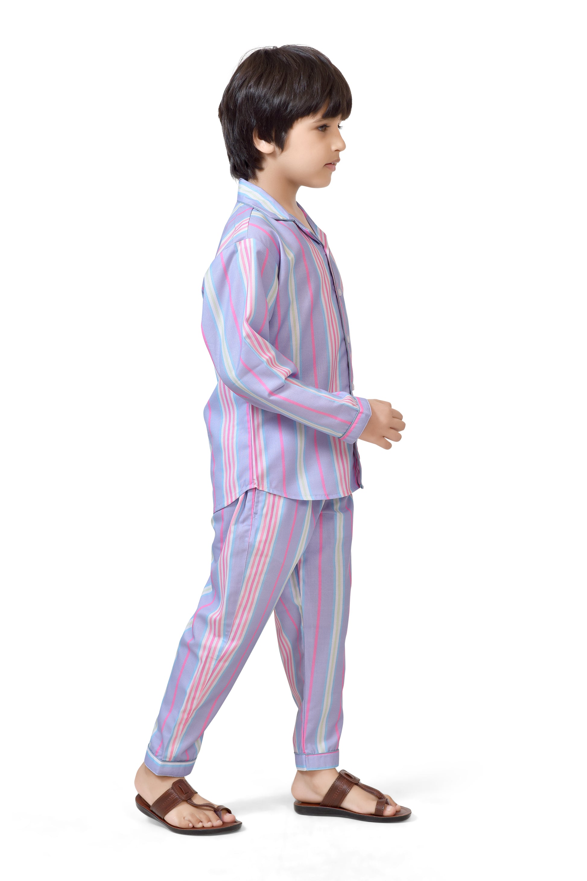 Stylish Pastel Striped Boys Cotton Night Suit Set - Long Sleeves