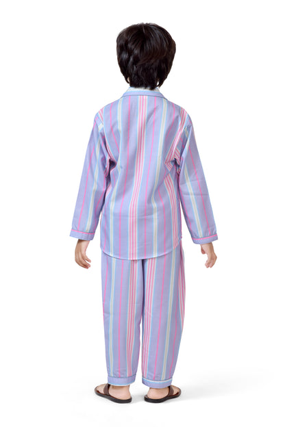 Stylish Pastel Striped Boys Cotton Night Suit Set - Back Side