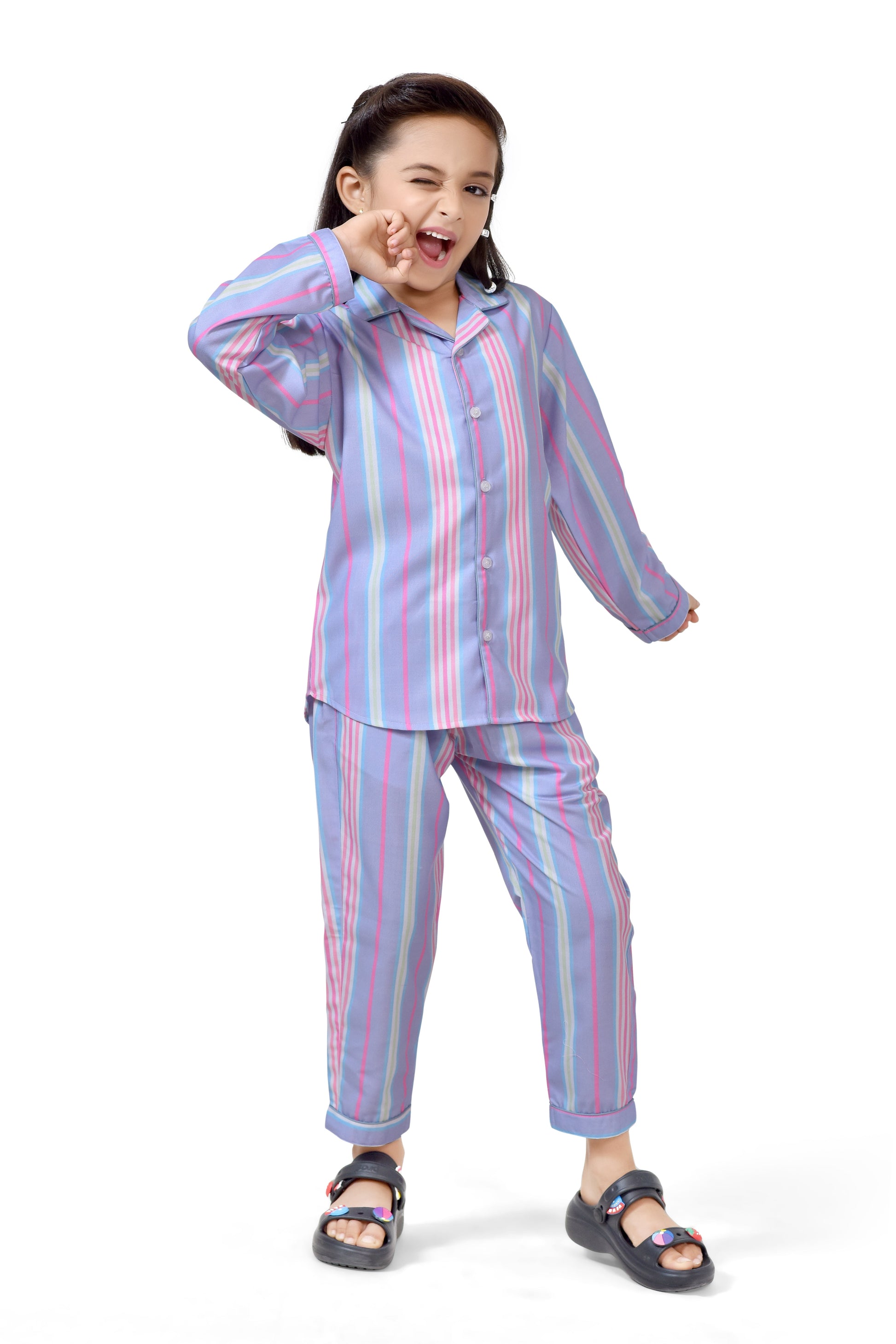 Stylish Purple Striped Girls Night Suit Set - Long Sleeves