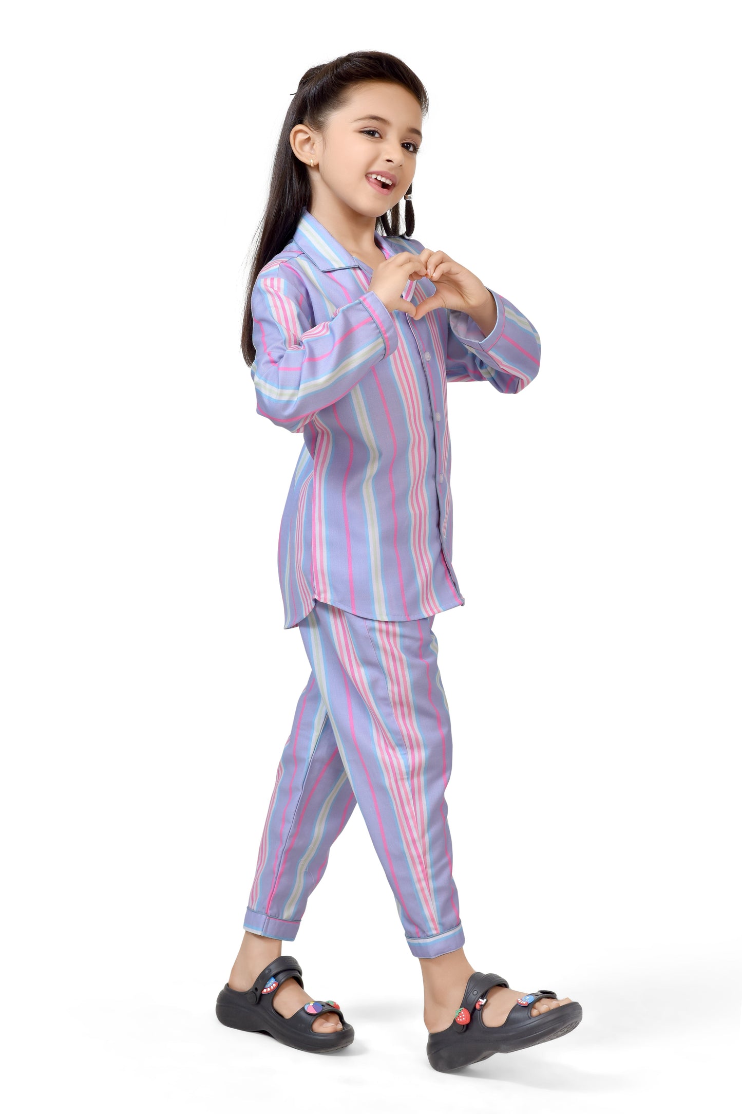 Stylish Purple Striped Girls Nightsuit Dress - Side View