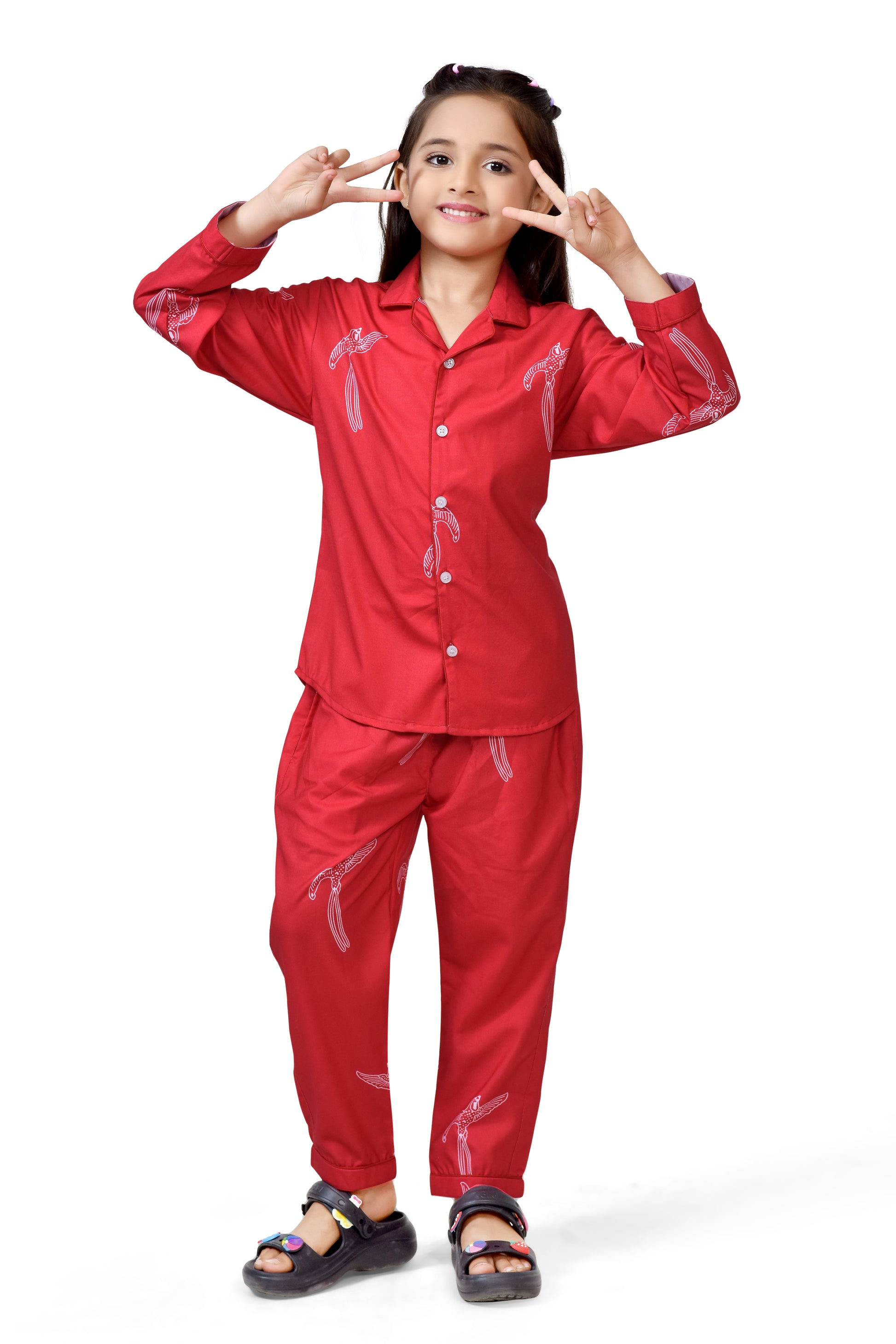 Stylish Red Color Bird Printed Girls Night Suit - Long Sleeves