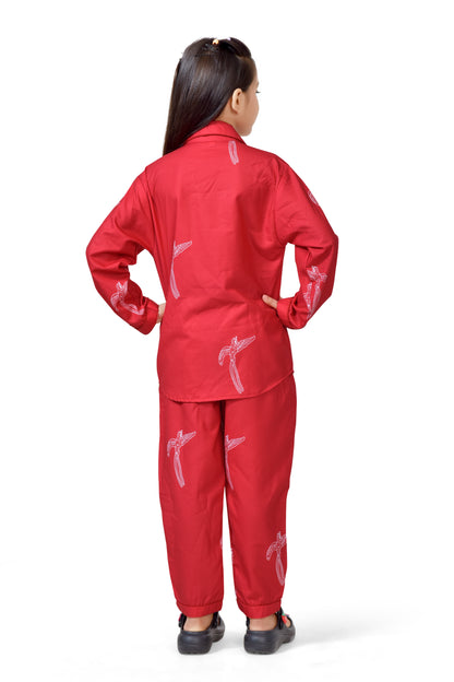 Stylish Red Color Bird Printed Girls Night Suit. -Back Side