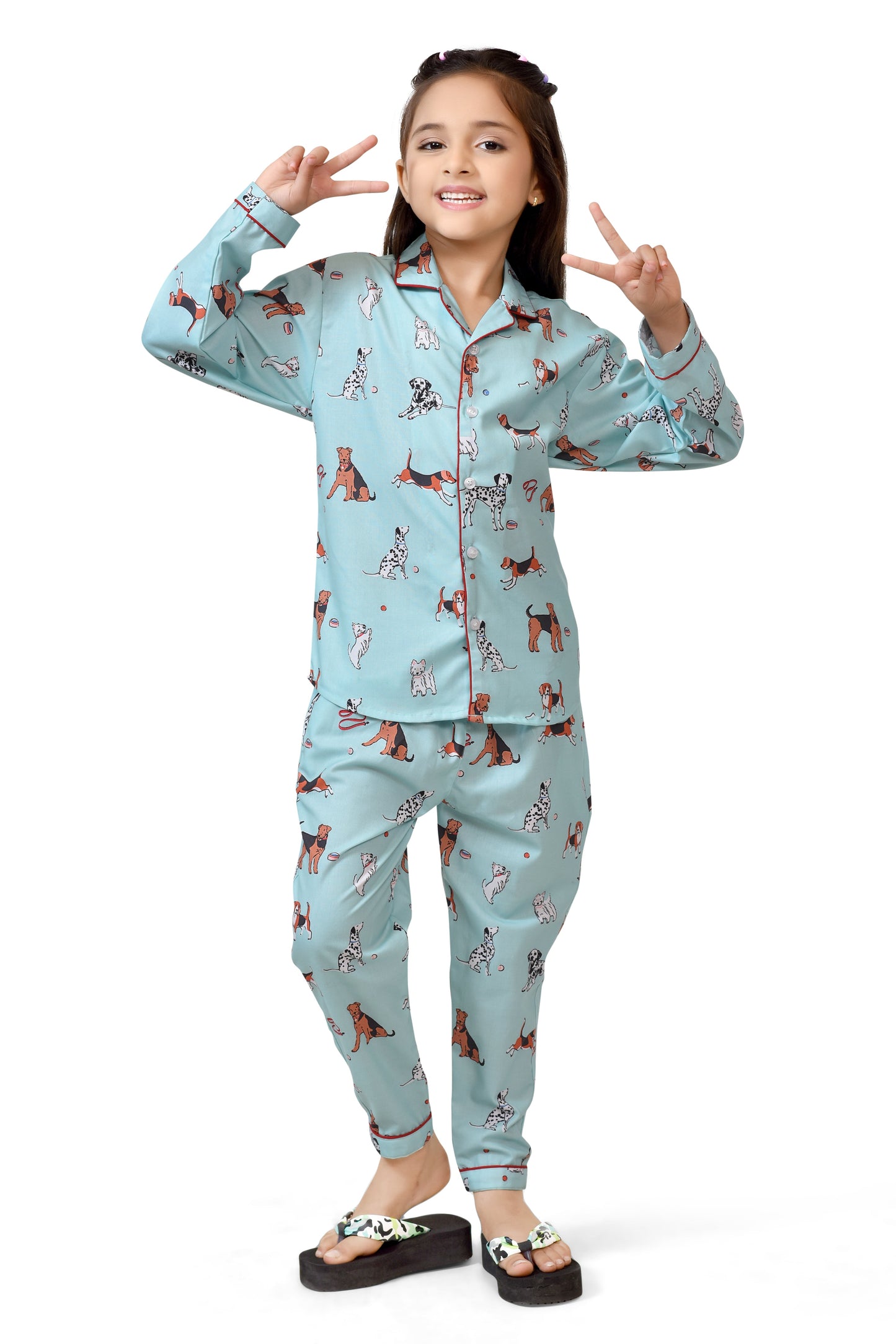 Buy Stylish Sky Blue Puppy Printed Cotton Girls Nightsuit Online - Club96