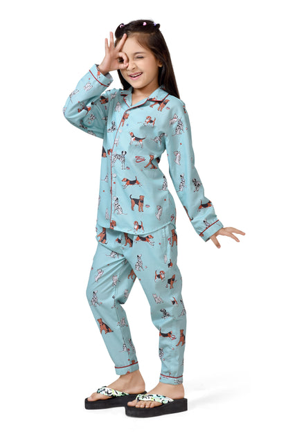 Stylish Sky Blue Puppy Printed Cotton Girls Nightsuit-Club96- - Side View