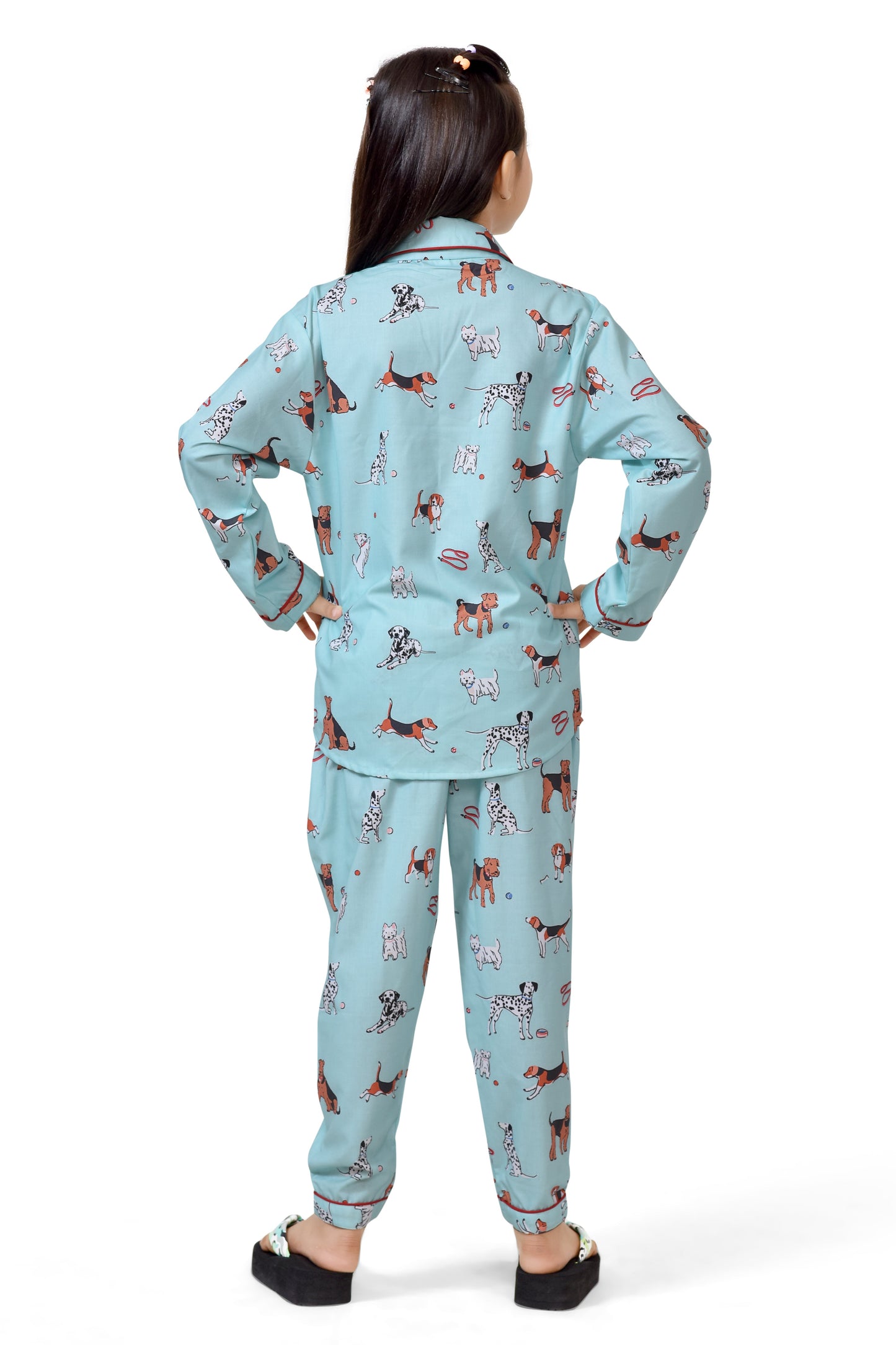 Stylish Sky Blue Puppy Printed Cotton Girls Nightsuit - Back Side