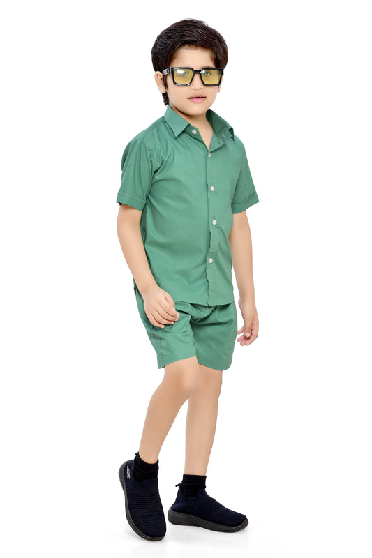 Summer Ready Plain Light Green Boys Cotton Co-Ord Set - Front