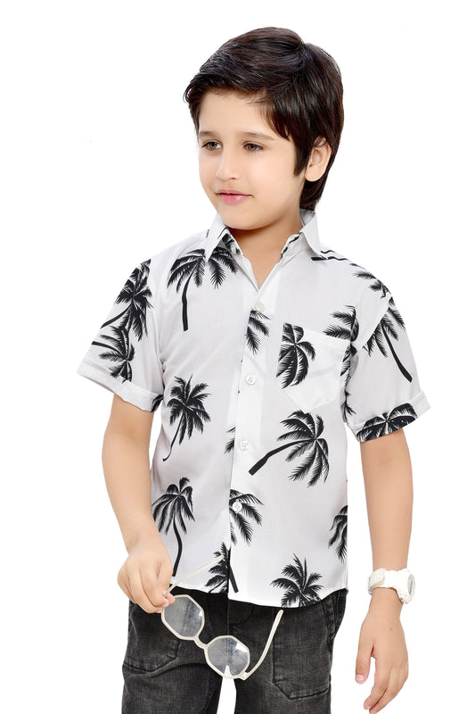Tropical Coconut Printed White Cotton Half Sleeve Shirt - Club96