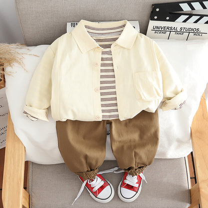 Boys White Striped T-Shirt With Shirt and Trouser Set