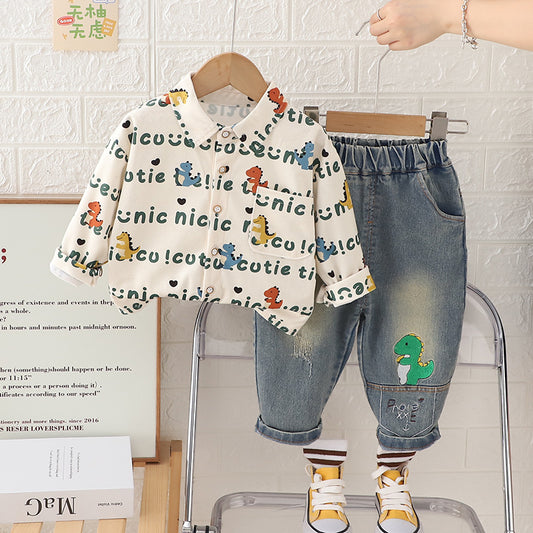 Kids Boys Spring Fall Two-Piece Outfit Cartoon Long Sleeve Button Down Shirt and Denim Pants Jeans Casual Clothing Set