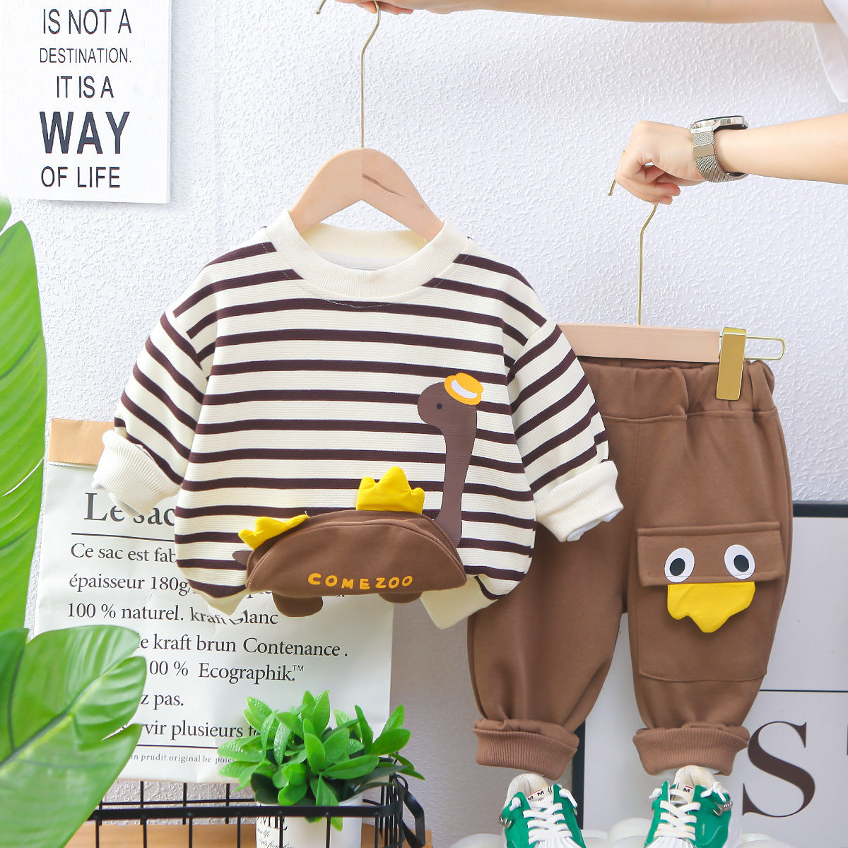 2 Pcs Set Brown Striped 3D Fluffy Dino Tummy Sweat Shirt And Pants Set For Toddler And Kids Winter And All Season Wear