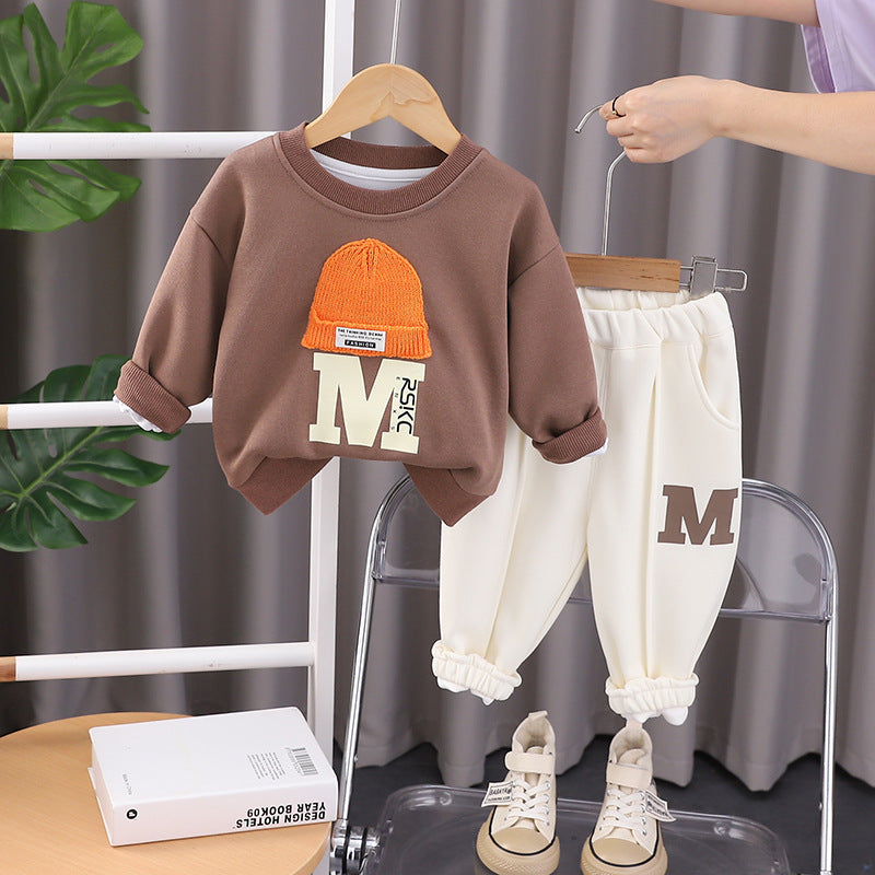 Boys White Printed Long Sleeves Sweatshirt With Trouser Set