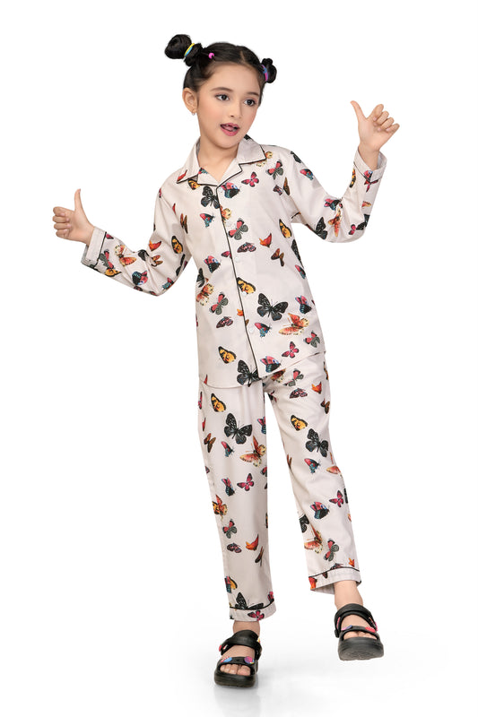 White-Butterfly-Print-Girl-Nightsuit-Set-FrontView