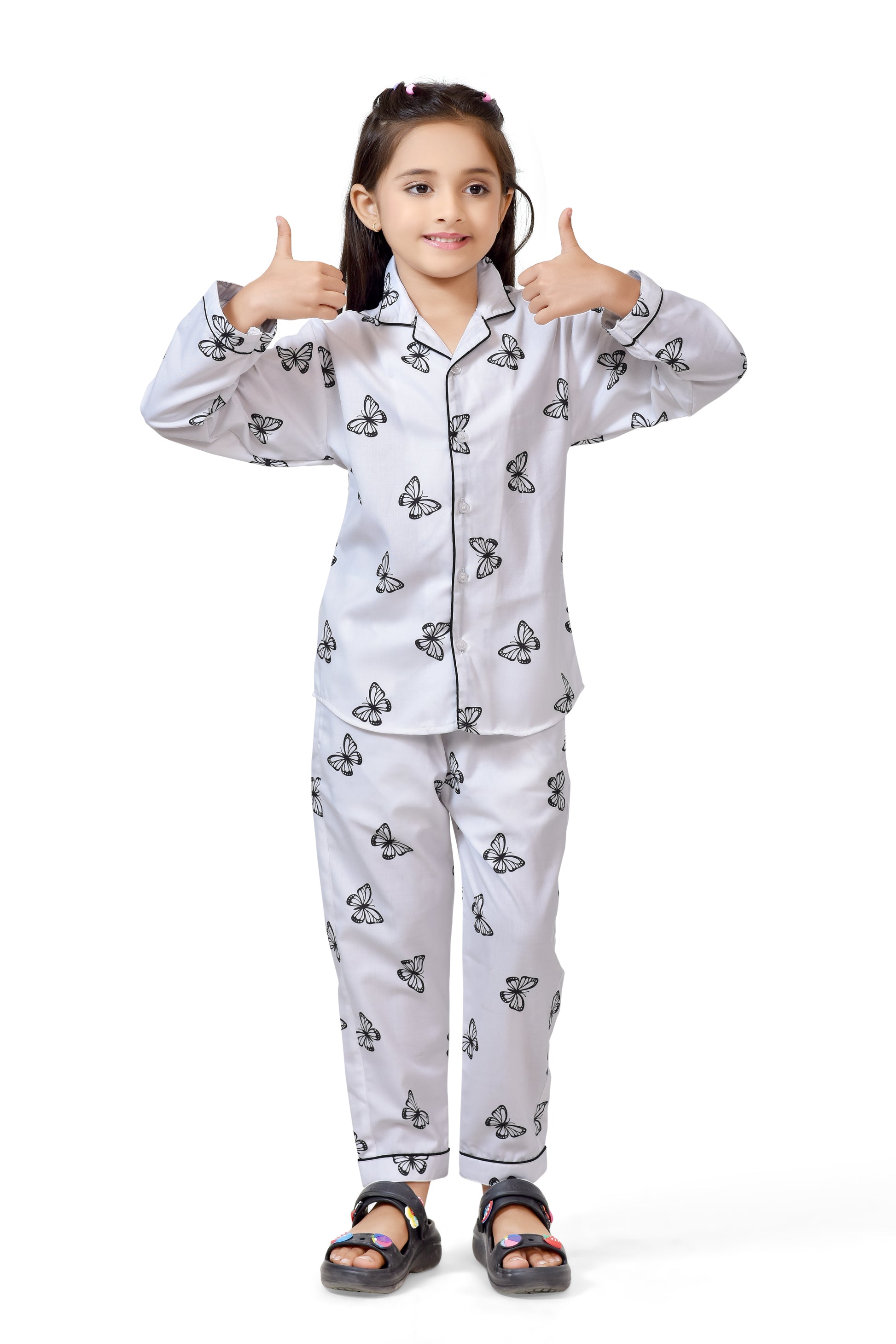 White Butterfly Printed Girls Cotton Pajama Nightwear - Club96
