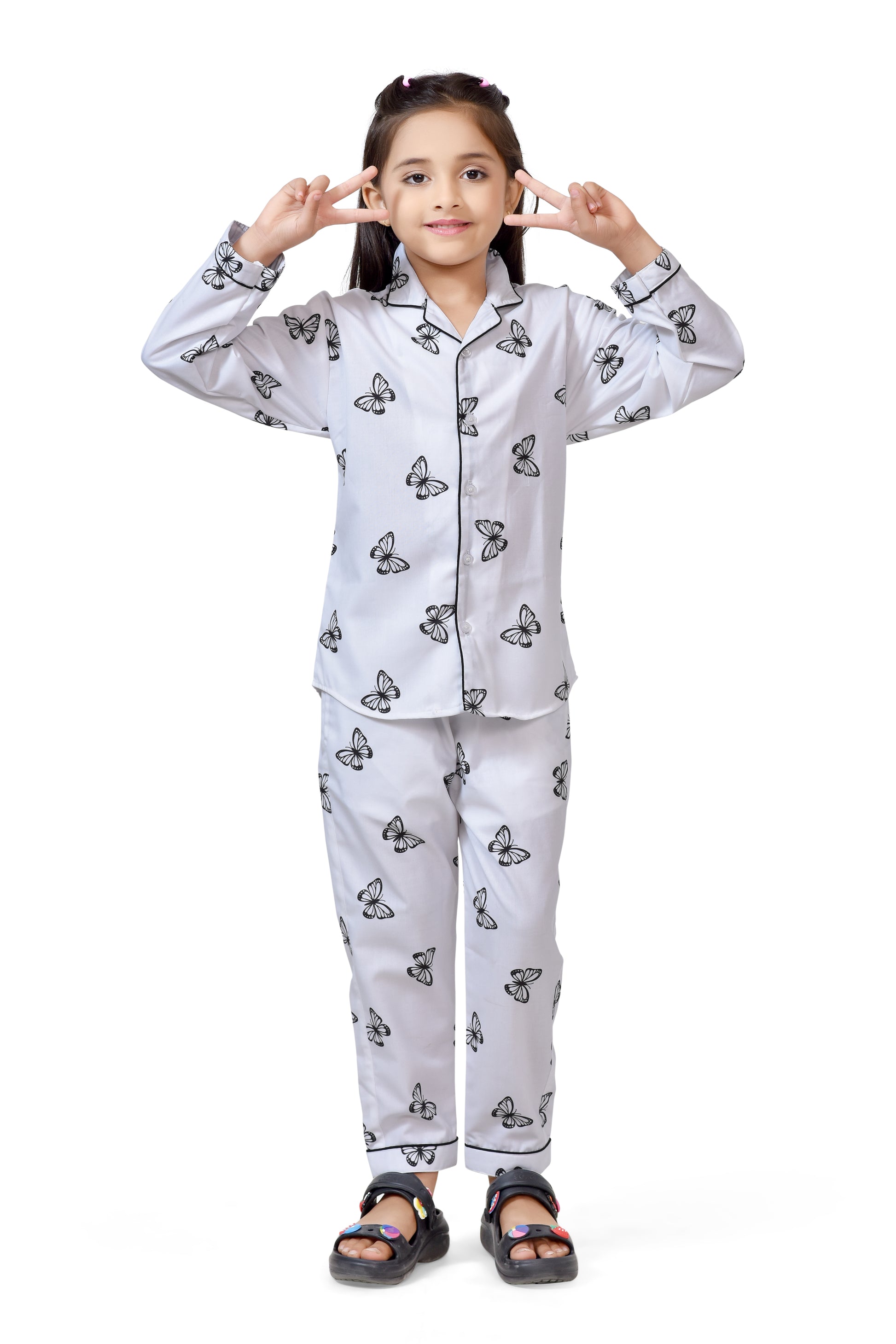 White Butterfly Printed Girls Cotton Pajama Nightwear - Front
