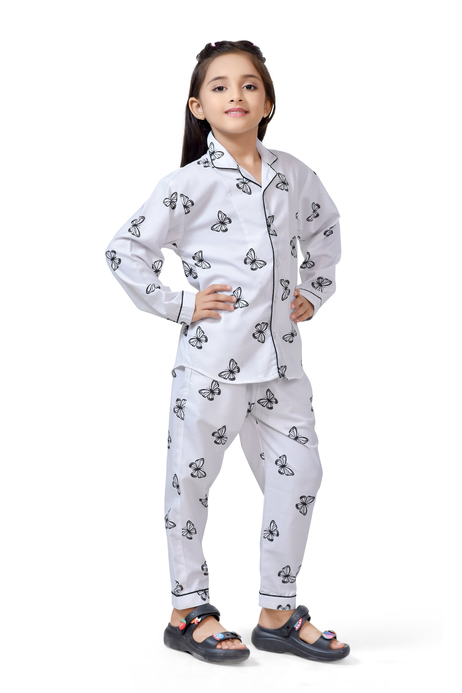 White Butterfly Printed Girls Cotton Pajama Nightwear - Full Sleeve
 
