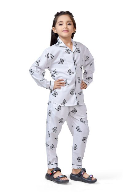 White Butterfly Printed Girls Cotton Pajama Nightwear - Full Sleeve
 