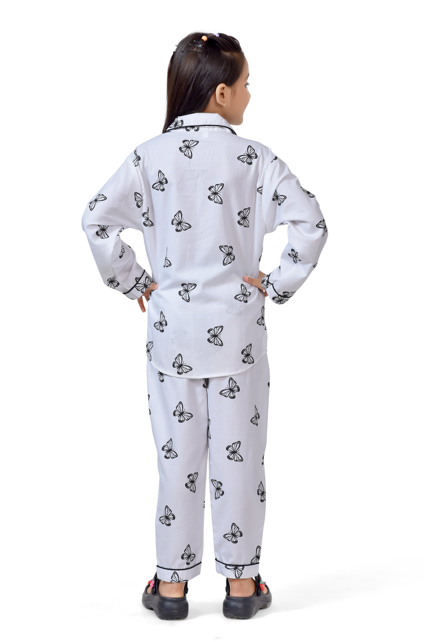 White Butterfly Printed Girls Cotton Pajama Nightwear - Back
