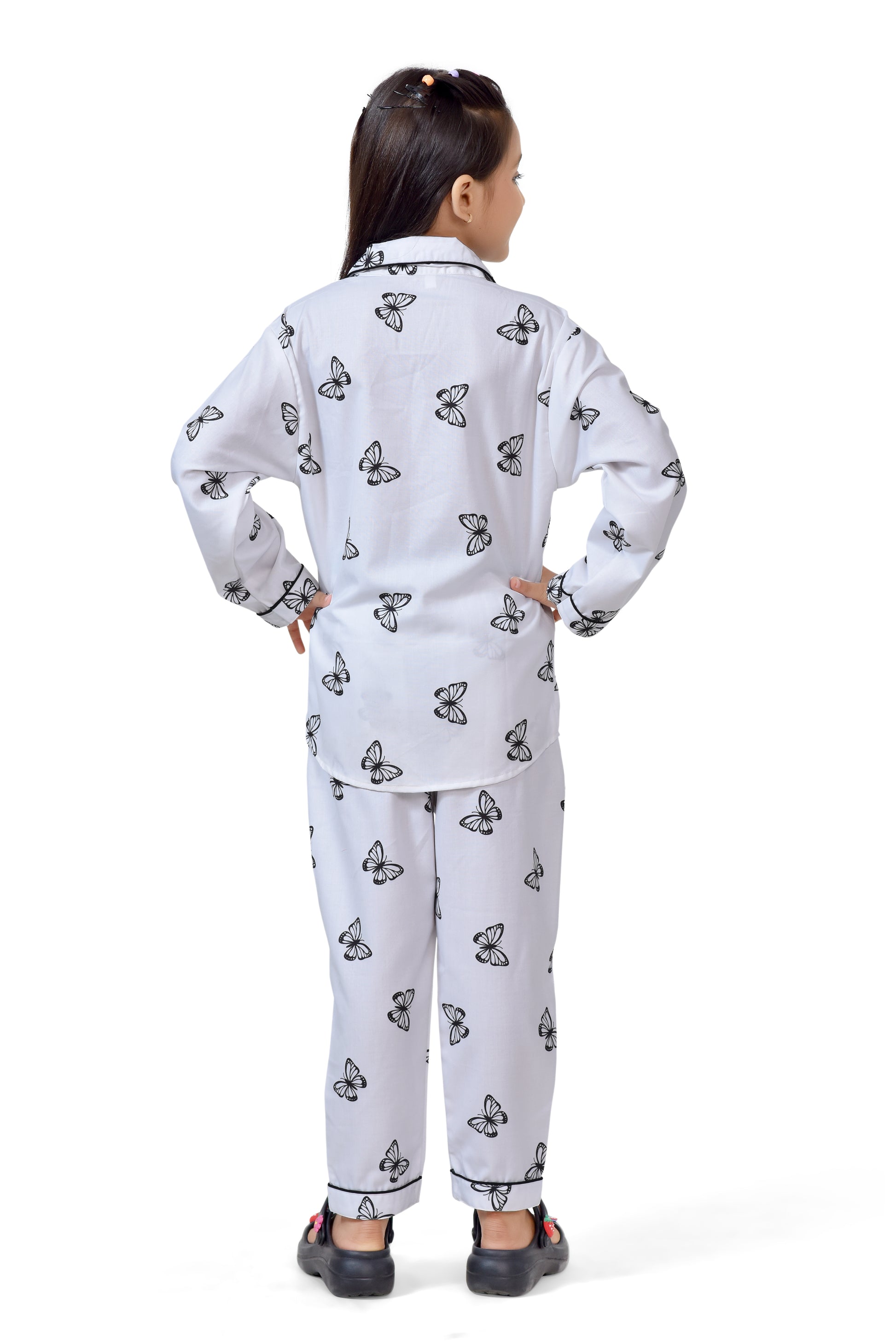 White Butterfly Printed Girls Cotton Pajama Nightwear - Back
