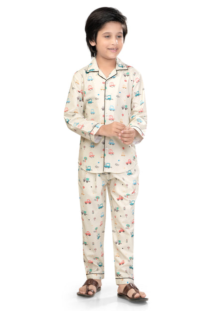 White-Car-Printed-Boys-Night-suit-Set