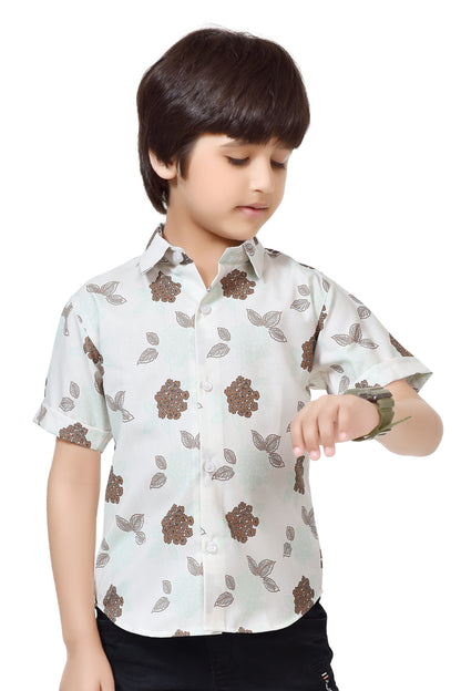 White Floral Printed Pure Cotton Half Shirt For Boys – Club96.in