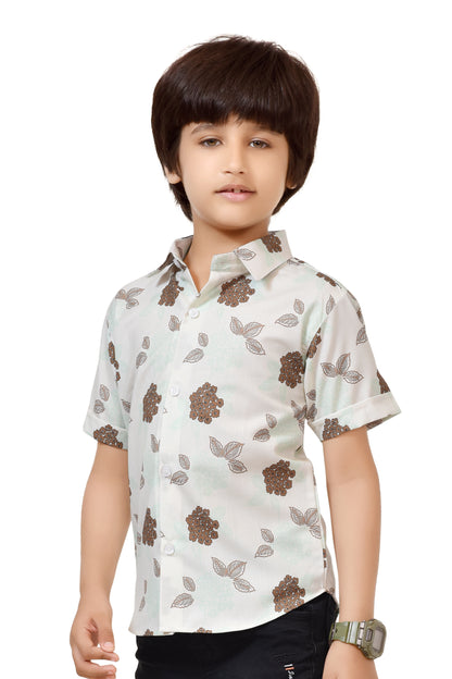 White Floral Printed Pure Cotton Half Shirt For Boys – Stylist