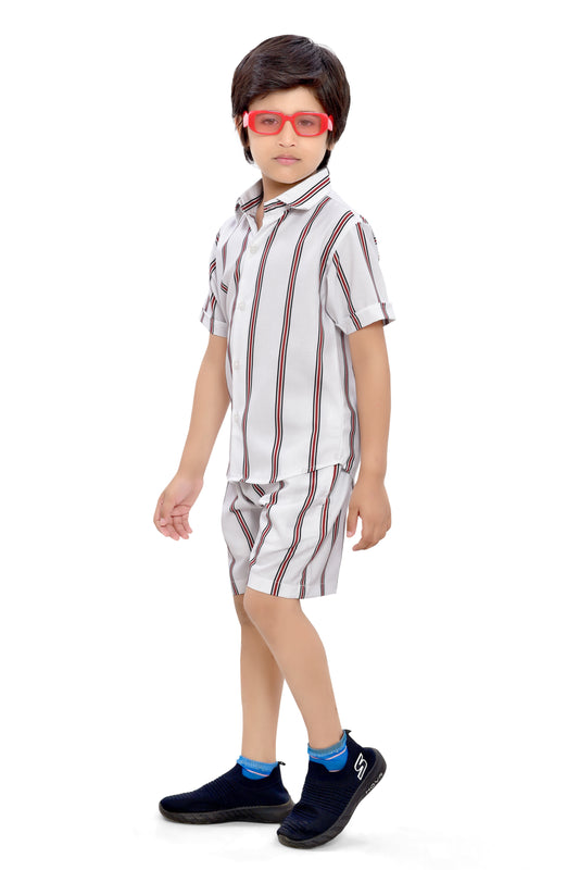 White Striped Printed Cotton Shorts Co-Ord Set for Boys - Front