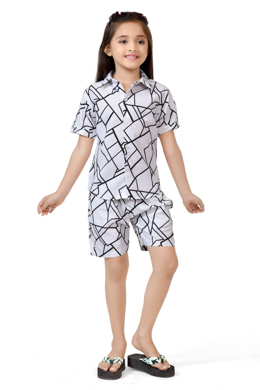 White Unique Checks Printed Cotton Co-Ord Set for Girls - Front