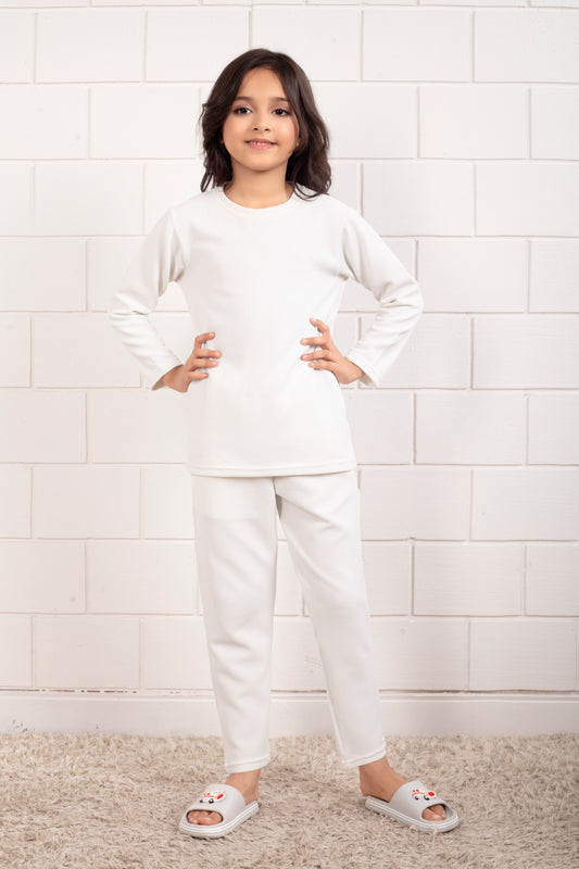 White_cotton_waffle_cute_girls_pajama_sets - FrontView