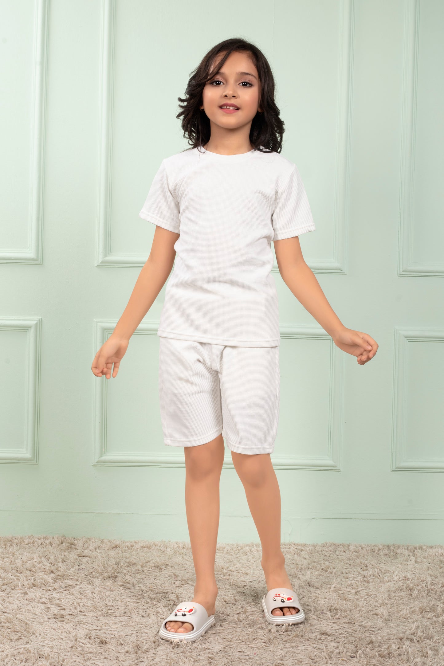 White_cotton_waffle_cute_girls_shorts_co_ord_set - FrontView