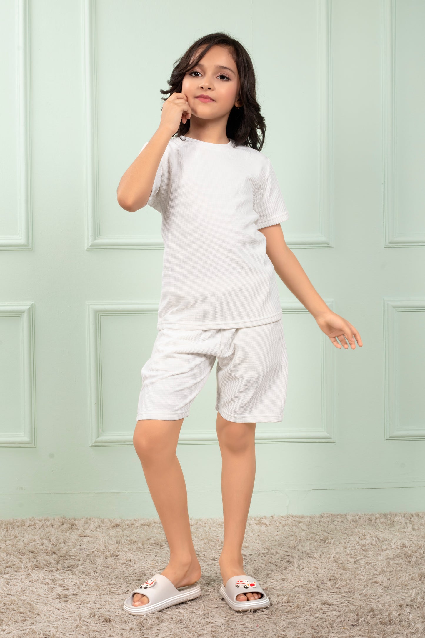 White_cotton_waffle_cute_girls_shorts_co_ord_set - Stylish