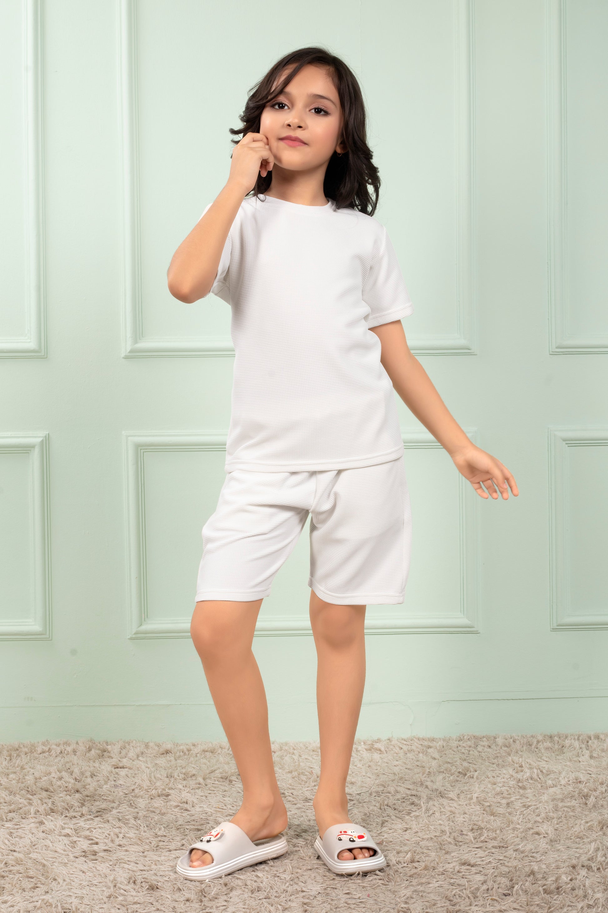 White_cotton_waffle_cute_girls_shorts_co_ord_set - Stylish