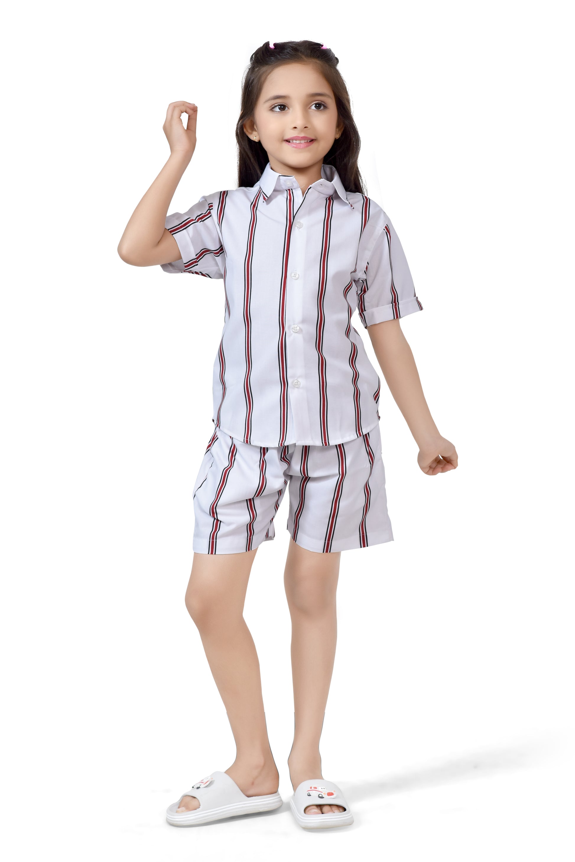 White and Brown Striped Printed Girls Cotton Co-Ord Set