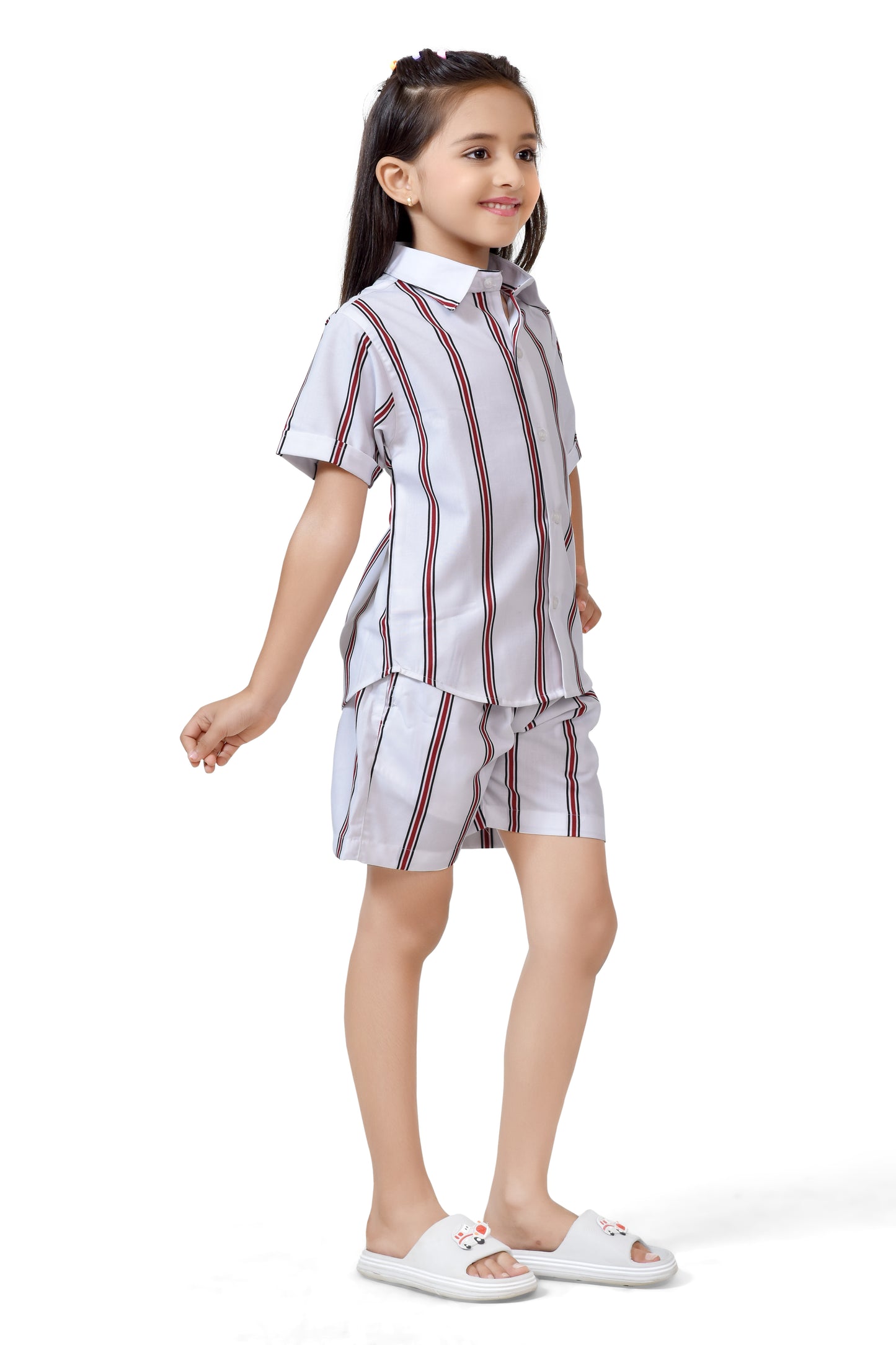 Striped Printed Girls White and Brown Color Cotton Co-Ord Set - Side View