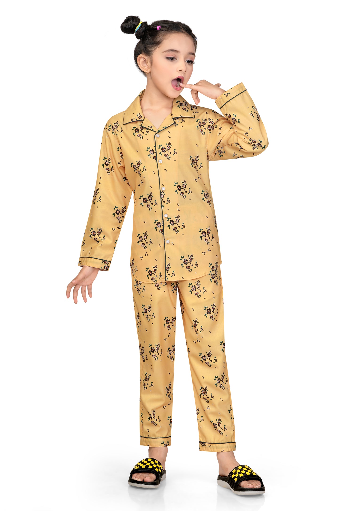 Yellow-Flower-Printed-Cotton-Nightsuit-Set-Frontview