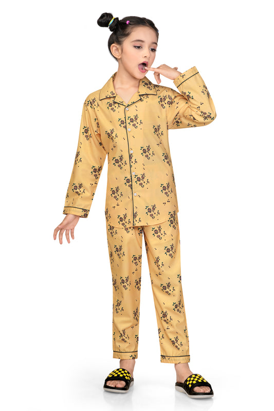 Yellow-Flower-Printed-Cotton-Nightsuit-Set-Frontview
