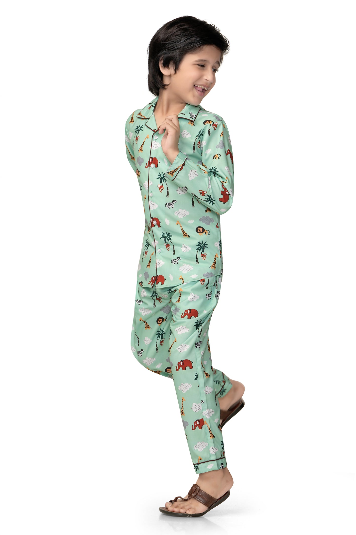 Zoo-Animals-Cotton-Mint-Green-Night -suit Set-Sideview