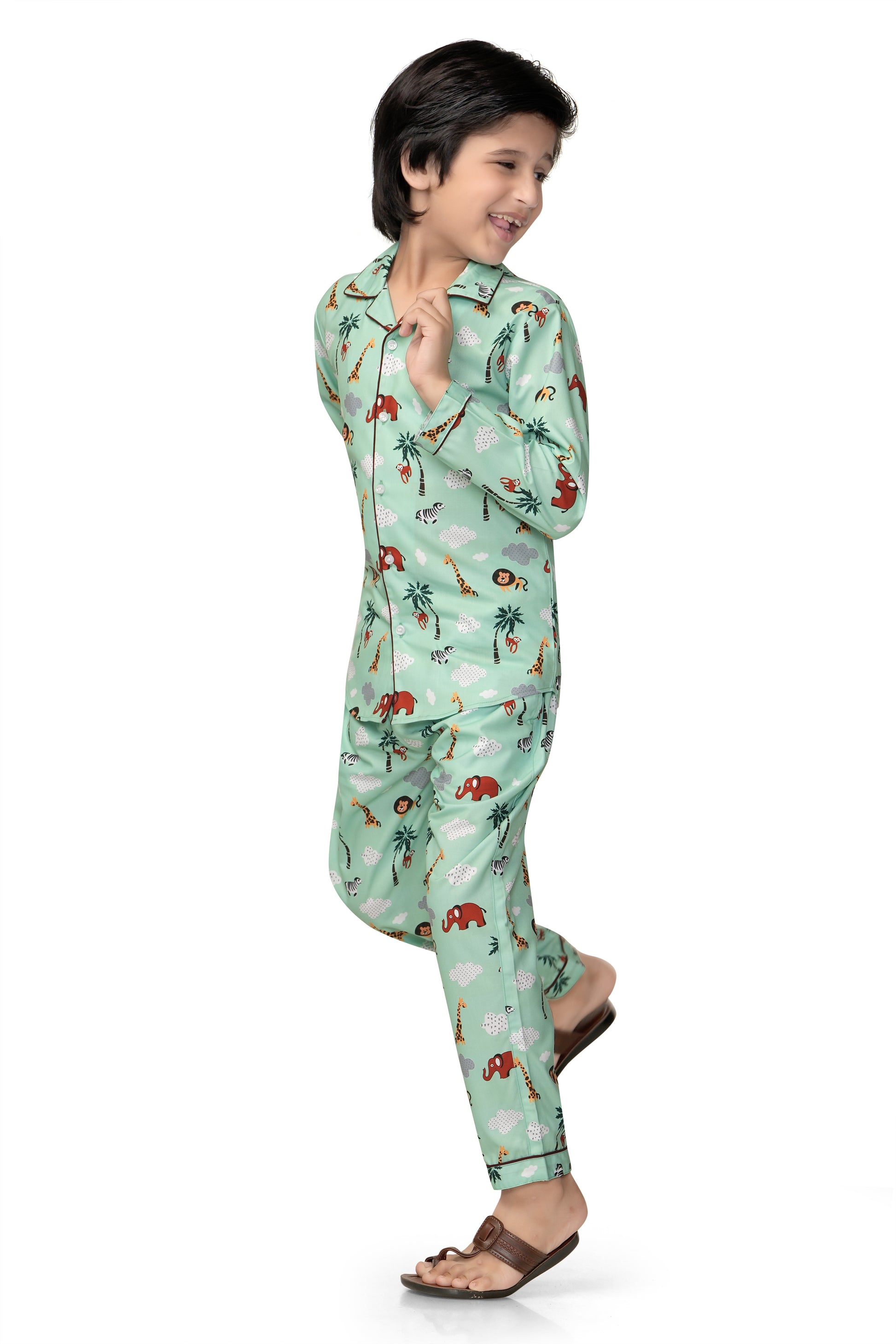 Zoo-Animals-Cotton-Mint-Green-Night -suit Set-Sideview