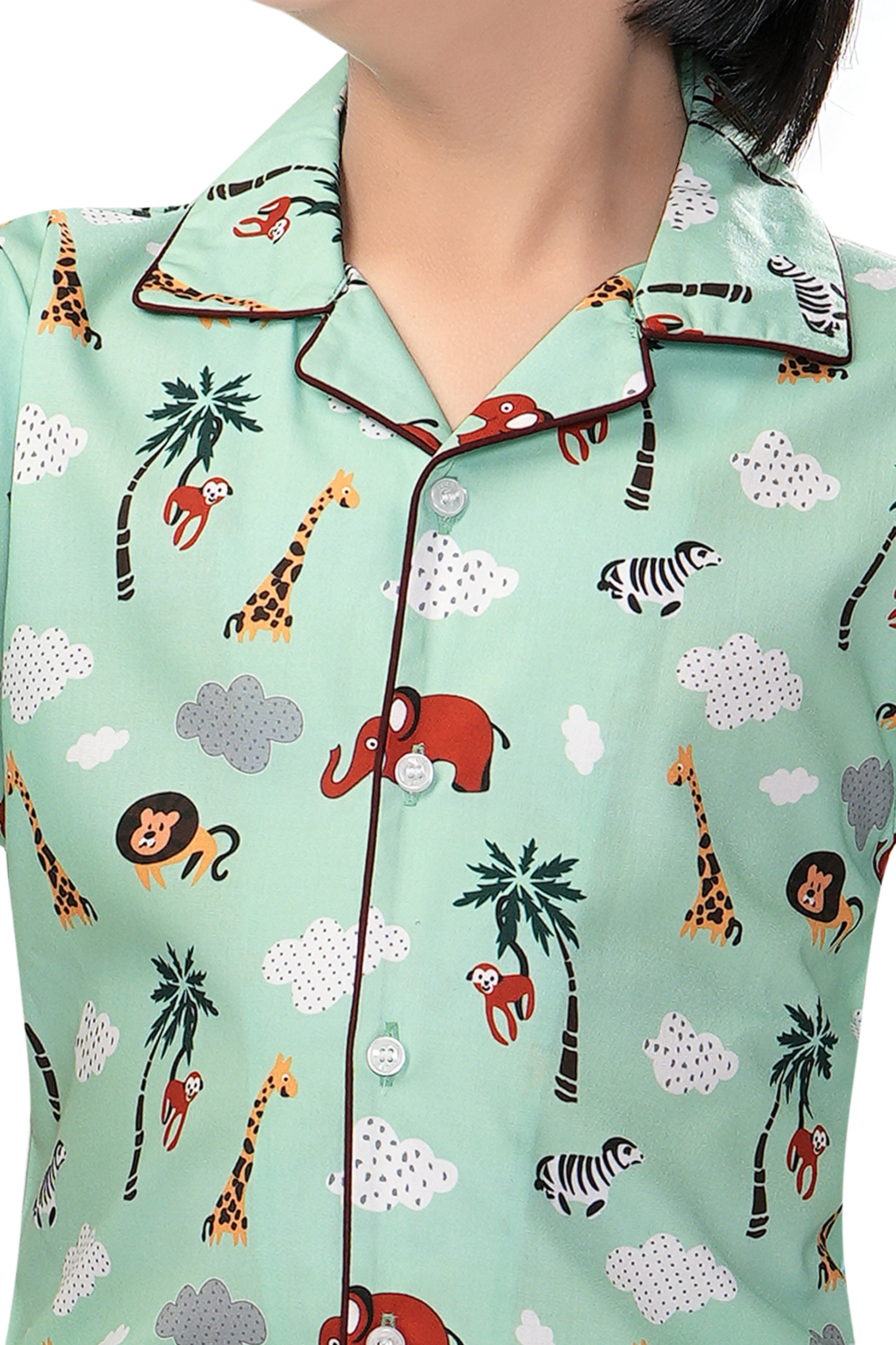 Zoo-Animals-Cotton-Mint-Green-Night -suit Set-Zoomview