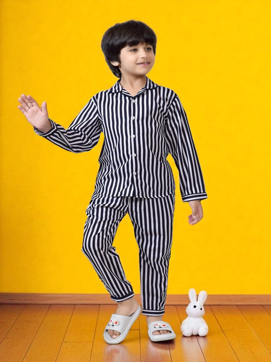 Black & White Stripe Printed Nightsuit Set - FrontView