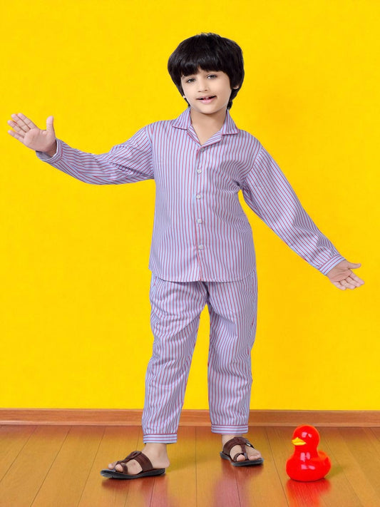 Blue & Pink Stripe Printed Boys Night Dress - FrontView