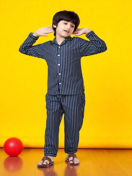 Classic Black and White Striped Printed Cotton Boys Night Suit 