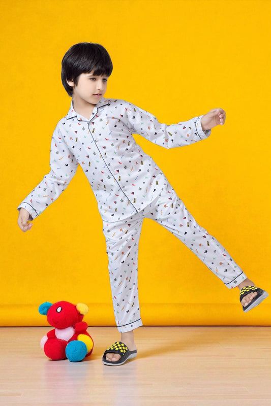 Buy Cute White Printed Boys Long Night Suit Set Online 
