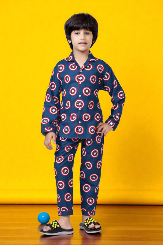 Buy Blue Captain America Shield Printed Boys Night Suit Online - FrontView