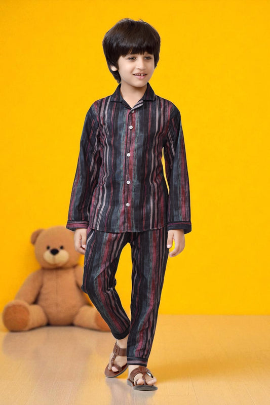 Buy Brown Striped Long Sleeves Cotton Boys Night Dress Online