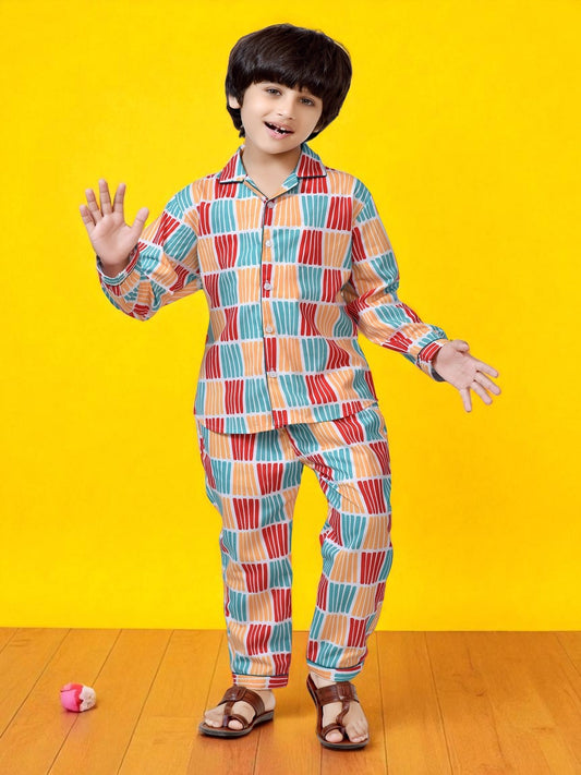 Boys Red and Yellow Color Stripes Long Cotton Pajama Suit 
