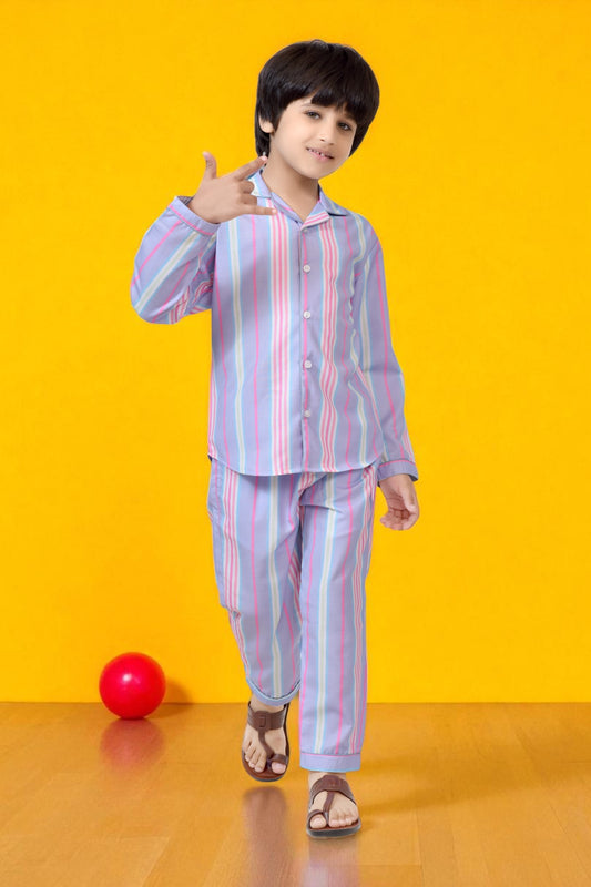 Stylish Pastel Striped Boys Cotton Night Suit Set