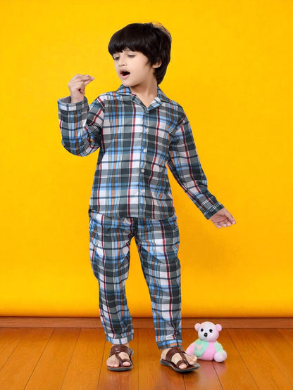Stylish Blue and Grey Checks Printed Boys Night Dress