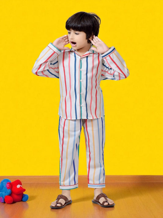 Colorful Printed Striped Boys Cotton Nightsuit Set 